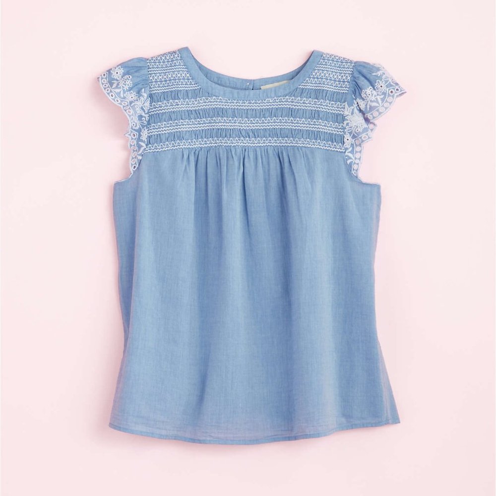 LOFT Petite Embroidered Ruffle Sleeve Top